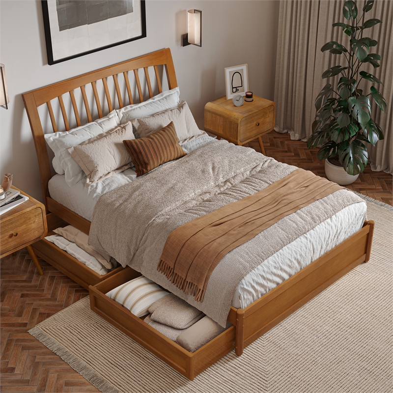 Roslyn Full Platform Bed w Panel Footboard & 2 Storage Drawers in Light Toffee