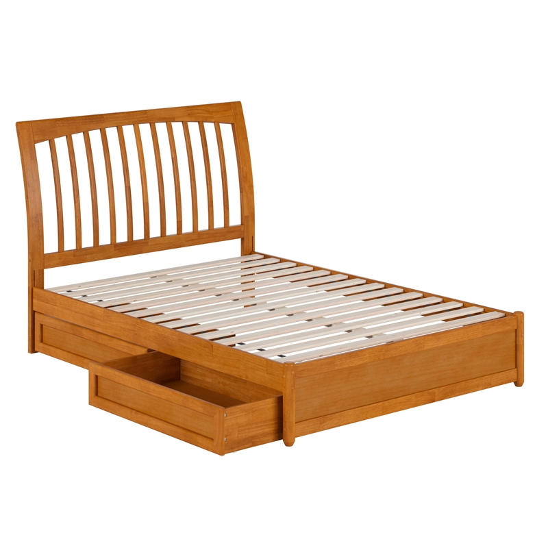 Roslyn Full Platform Bed w Panel Footboard & 2 Storage Drawers in Light Toffee