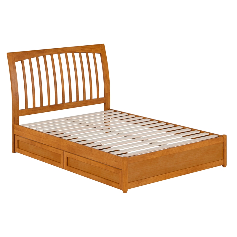 Roslyn Full Platform Bed w Panel Footboard & 2 Storage Drawers in Light Toffee