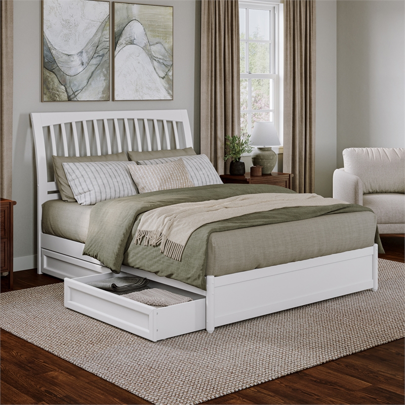 Roslyn Queen Platform Bed with Panel Footboard & 2 Storage Drawers in White