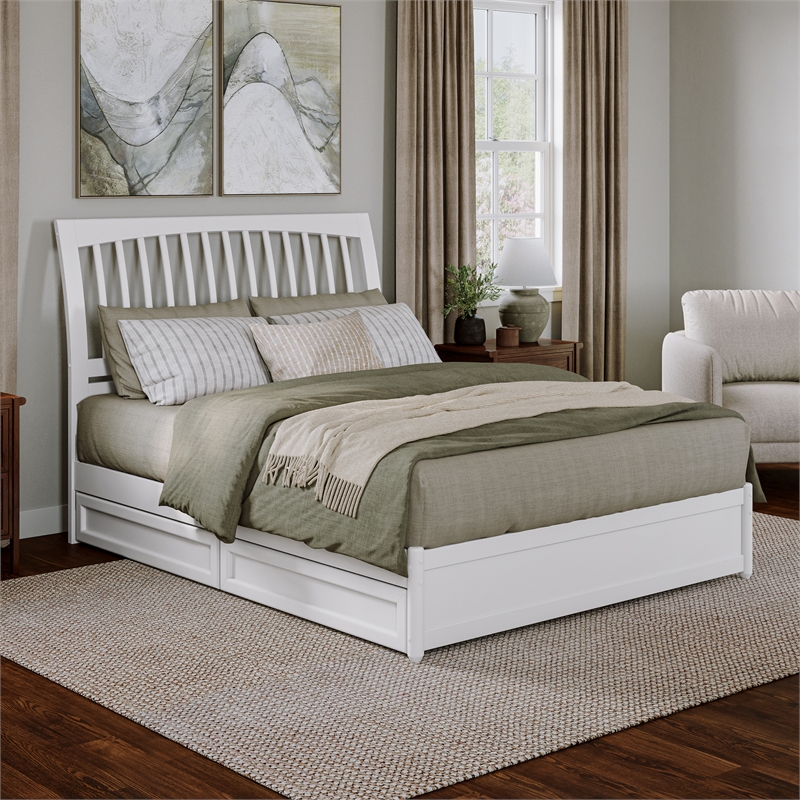 Roslyn Queen Platform Bed with Panel Footboard & 2 Storage Drawers in White