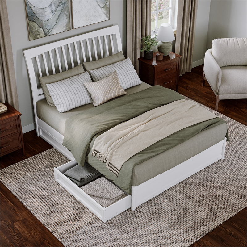 Roslyn Queen Platform Bed with Panel Footboard & 2 Storage Drawers in White