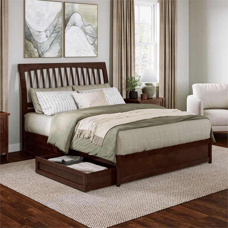 Roslyn Queen Platform Bed with Panel Footboard & 2 Storage Drawers in Walnut