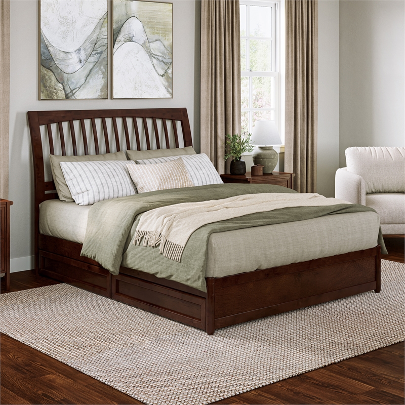 Roslyn Queen Platform Bed with Panel Footboard & 2 Storage Drawers in Walnut