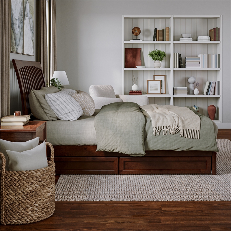Roslyn Queen Platform Bed with Panel Footboard & 2 Storage Drawers in Walnut