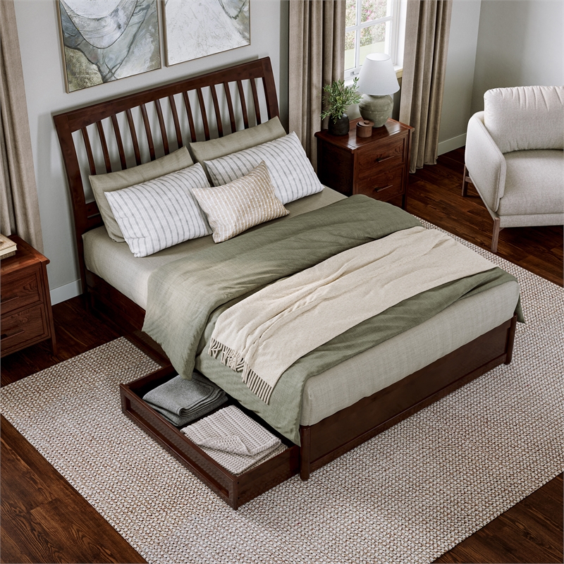 Roslyn Queen Platform Bed with Panel Footboard & 2 Storage Drawers in Walnut