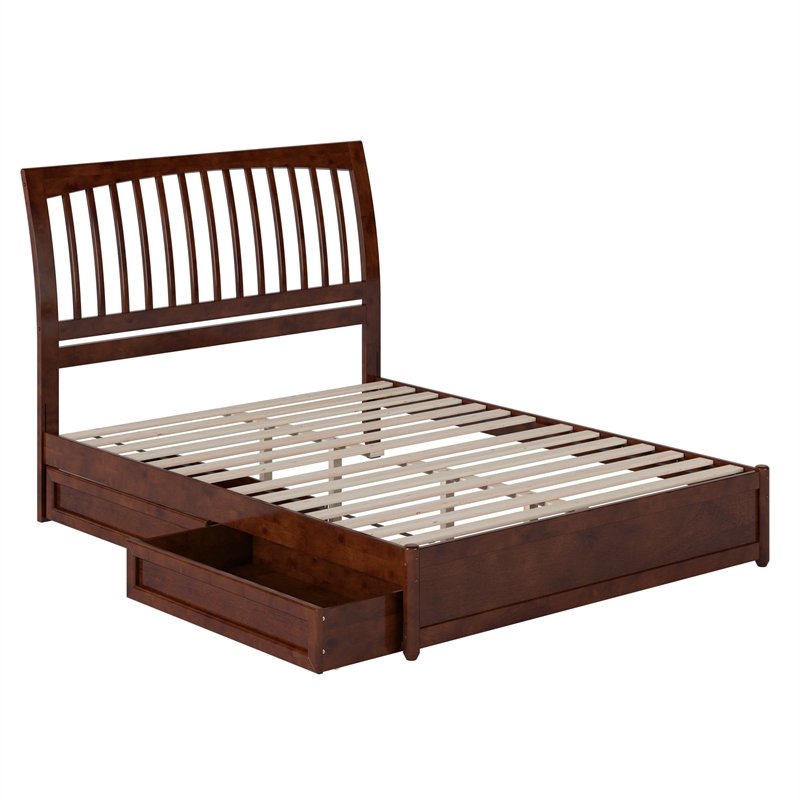 Roslyn Queen Platform Bed with Panel Footboard & 2 Storage Drawers in Walnut
