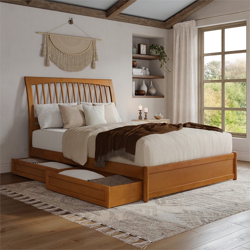 Roslyn Queen Platform Bed w Panel Footboard & 2 Storage Drawers in Light Toffee