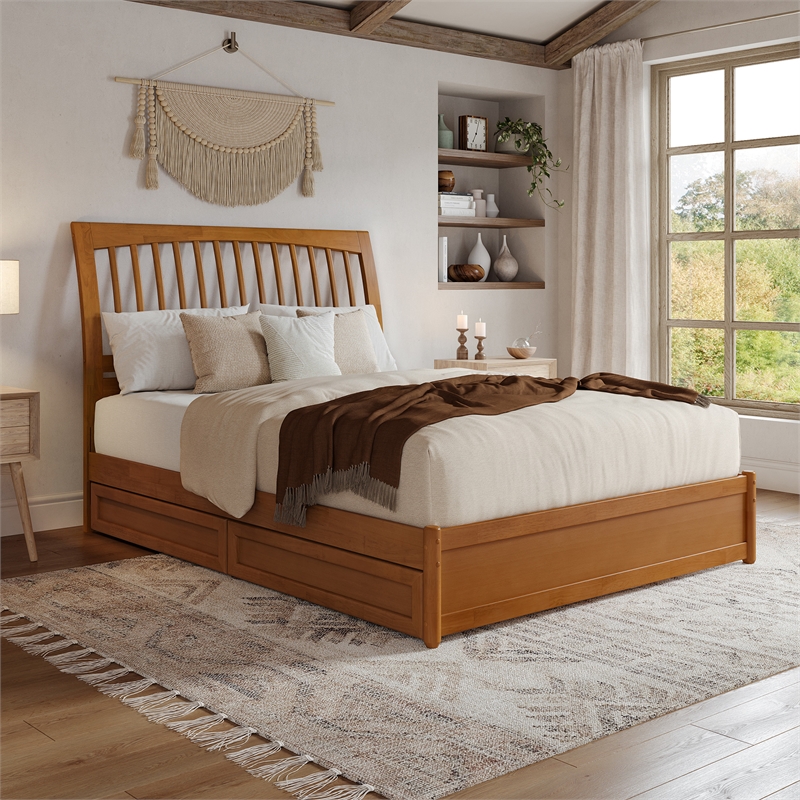 Roslyn Queen Platform Bed w Panel Footboard & 2 Storage Drawers in Light Toffee