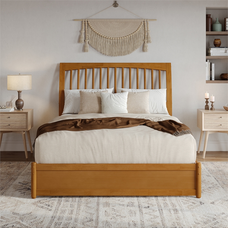 Roslyn Queen Platform Bed w Panel Footboard & 2 Storage Drawers in Light Toffee