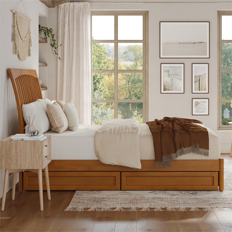 Roslyn Queen Platform Bed w Panel Footboard & 2 Storage Drawers in Light Toffee