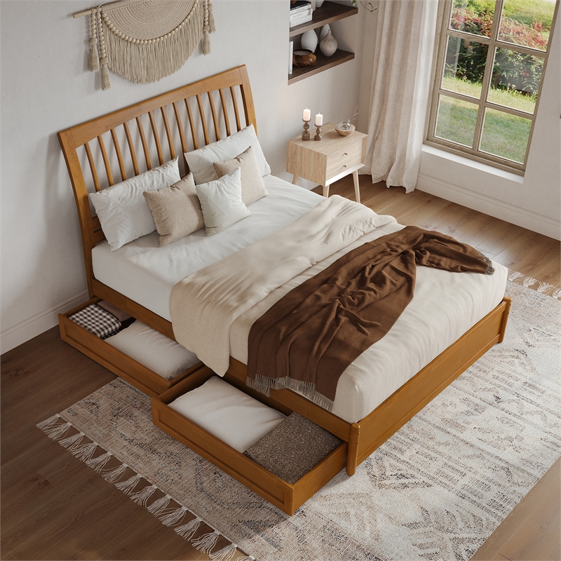 Roslyn Queen Platform Bed w Panel Footboard & 2 Storage Drawers in Light Toffee