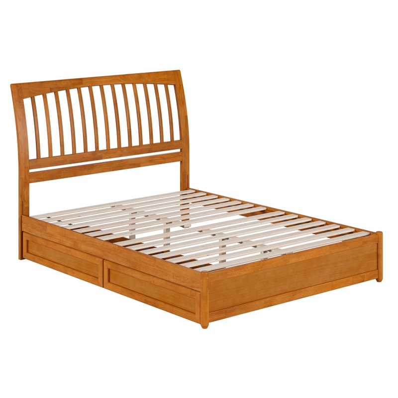 Roslyn Queen Platform Bed w Panel Footboard & 2 Storage Drawers in Light Toffee