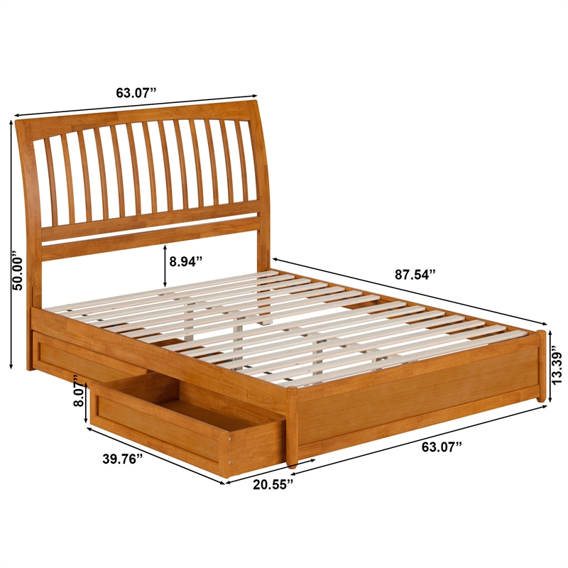 Roslyn Queen Platform Bed w Panel Footboard & 2 Storage Drawers in Light Toffee