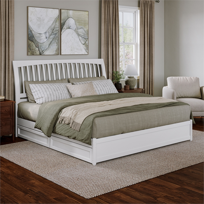 Roslyn King Platform Bed with Panel Footboard & 2 Storage Drawers in White