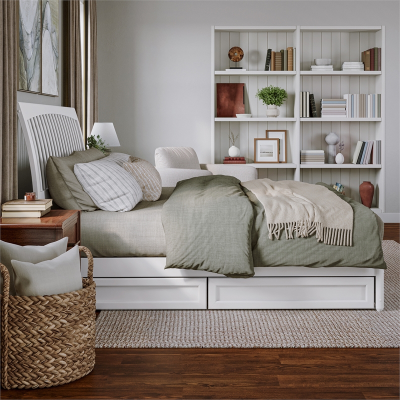 Roslyn King Platform Bed with Panel Footboard & 2 Storage Drawers in White
