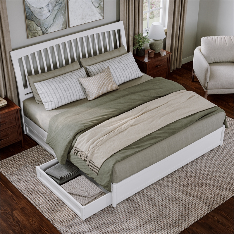Roslyn King Platform Bed with Panel Footboard & 2 Storage Drawers in White