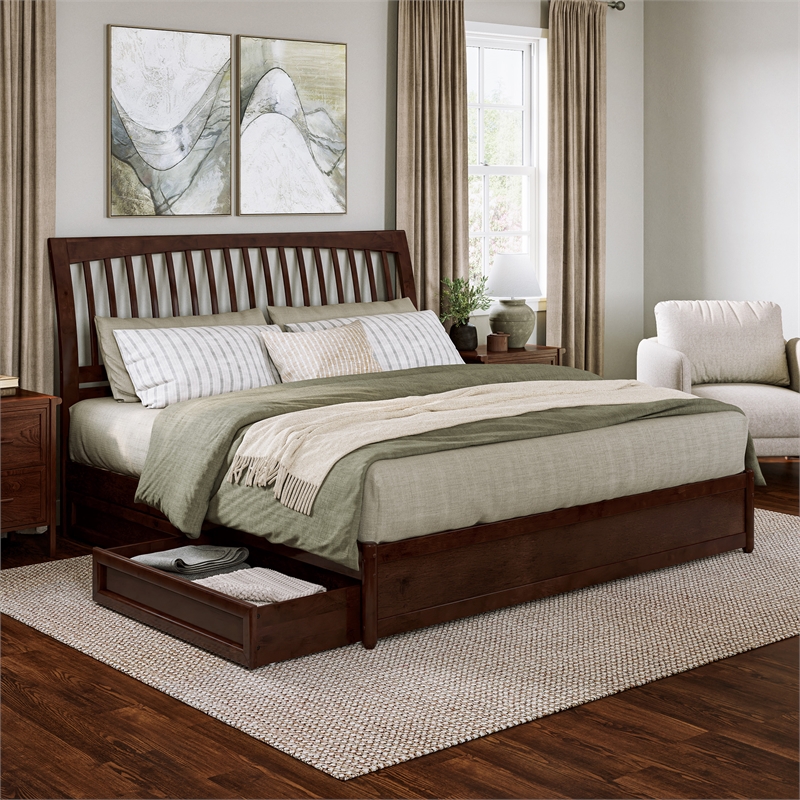Roslyn King Platform Bed with Panel Footboard & 2 Storage Drawers in Walnut