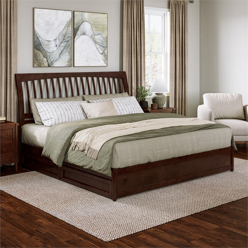 Roslyn King Platform Bed with Panel Footboard & 2 Storage Drawers in Walnut