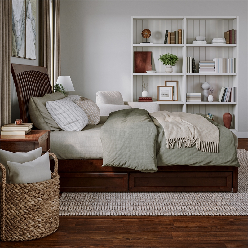 Roslyn King Platform Bed with Panel Footboard & 2 Storage Drawers in Walnut