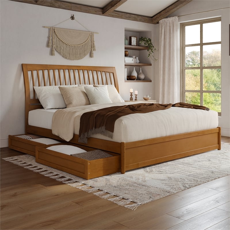 Roslyn King Platform Bed w Panel Footboard & 2 Storage Drawers in Light Toffee