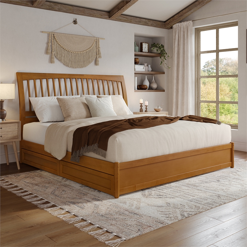Roslyn King Platform Bed w Panel Footboard & 2 Storage Drawers in Light Toffee