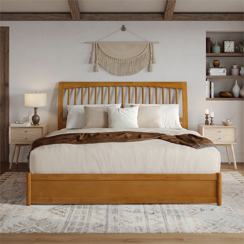 Roslyn King Platform Bed w Panel Footboard & 2 Storage Drawers in Light Toffee