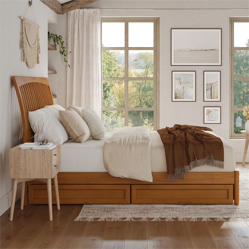 Roslyn King Platform Bed w Panel Footboard & 2 Storage Drawers in Light Toffee