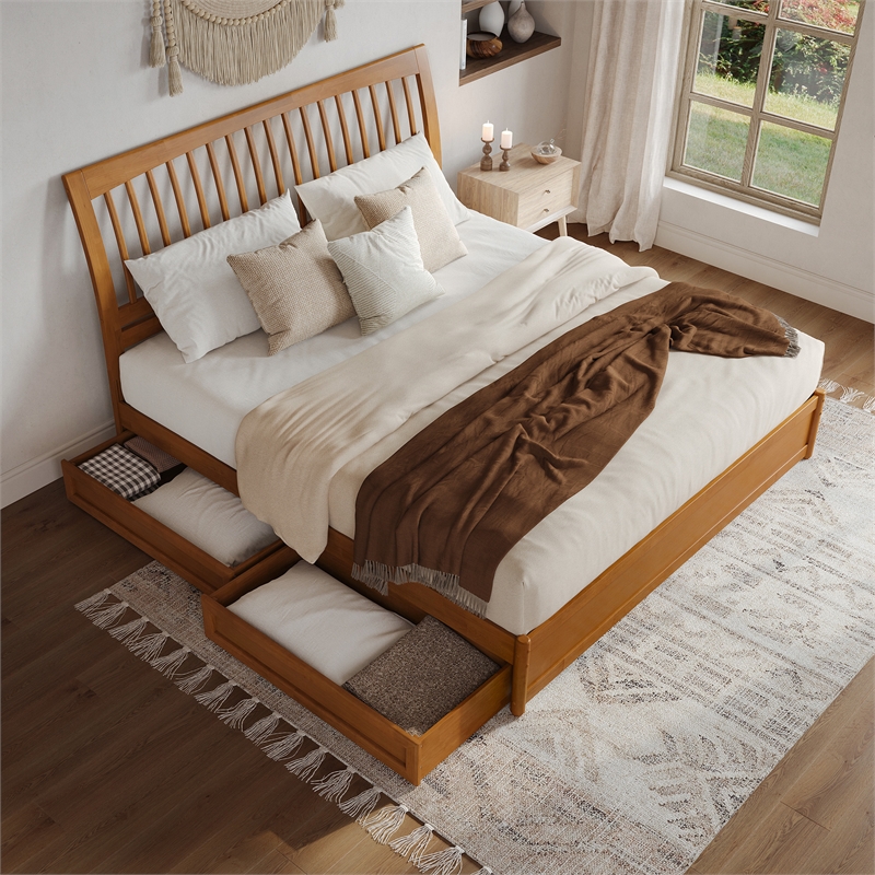 Roslyn King Platform Bed w Panel Footboard & 2 Storage Drawers in Light Toffee