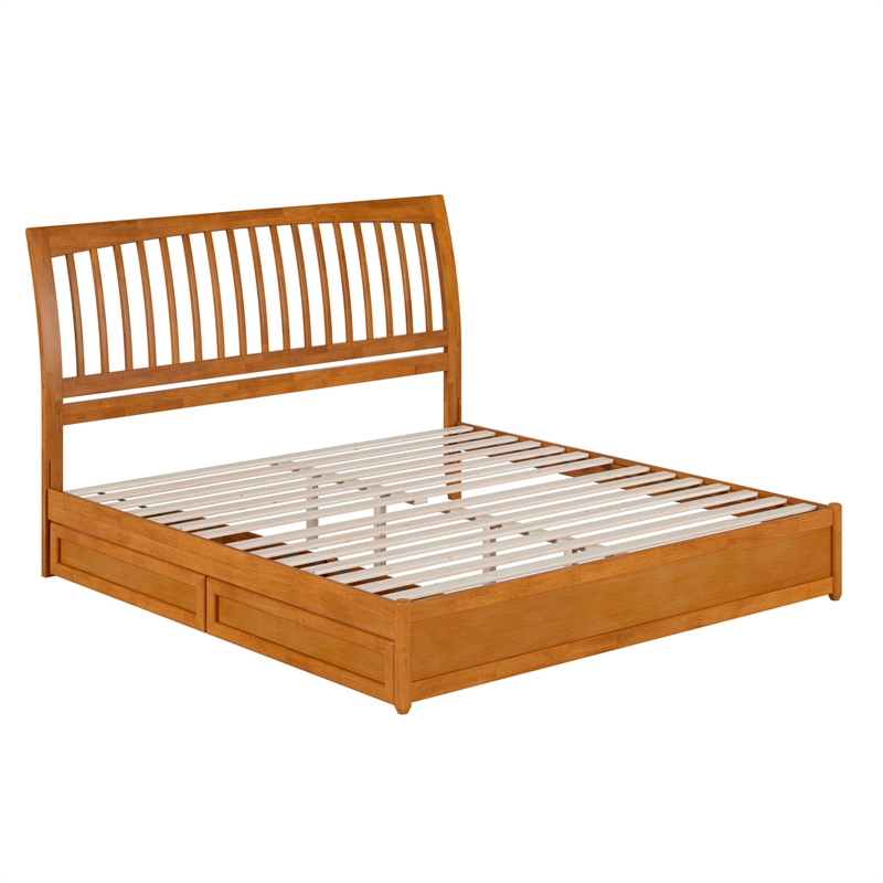 Roslyn King Platform Bed w Panel Footboard & 2 Storage Drawers in Light Toffee