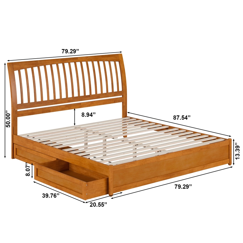Roslyn King Platform Bed w Panel Footboard & 2 Storage Drawers in Light Toffee