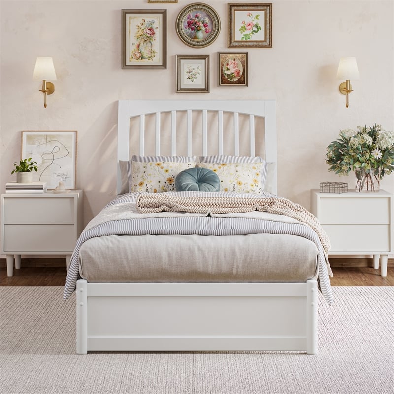 Roslyn Twin XL Wood Platform Bed with Panel Footboard & Twin XL Trundle in White