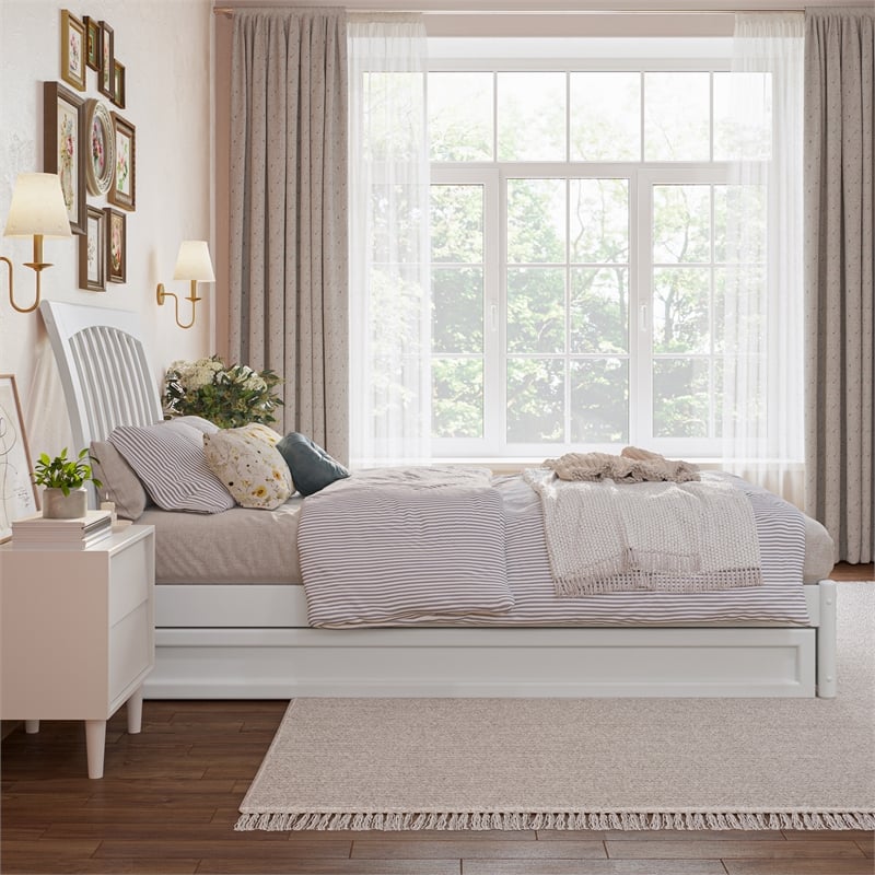 Roslyn Twin XL Wood Platform Bed with Panel Footboard & Twin XL Trundle in White