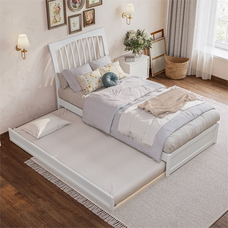 Roslyn Twin XL Wood Platform Bed with Panel Footboard & Twin XL Trundle in White
