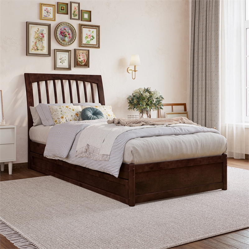 Roslyn Twin XL Wood Platform Bed with Panel Footboard &  Trundle in Walnut