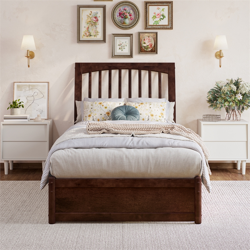 Roslyn Twin XL Wood Platform Bed with Panel Footboard &  Trundle in Walnut