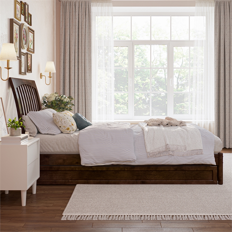 Roslyn Twin XL Wood Platform Bed with Panel Footboard &  Trundle in Walnut