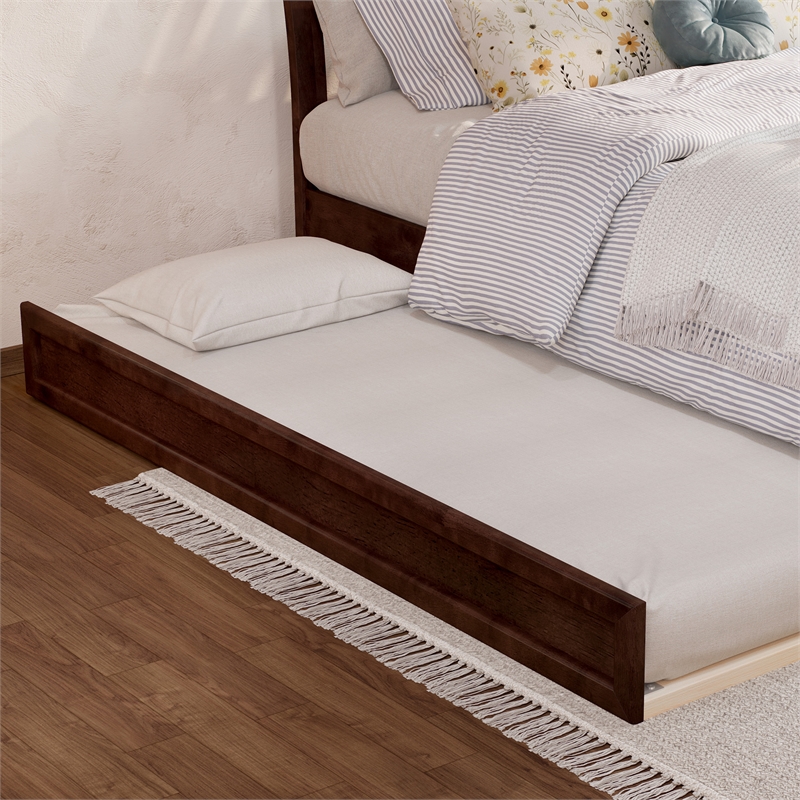 Roslyn Twin XL Wood Platform Bed with Panel Footboard &  Trundle in Walnut
