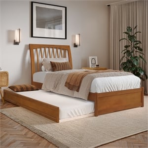 Roslyn Twin XL Platform Bed with Panel Footboard & TXL Trundle in Light Toffee