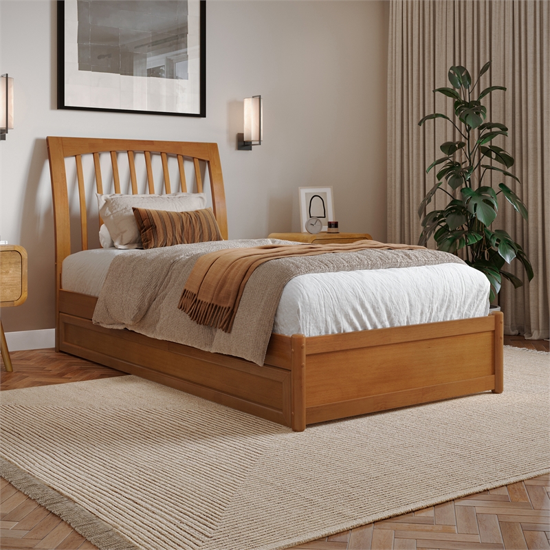 Roslyn Twin XL Platform Bed with Panel Footboard & TXL Trundle in Light Toffee