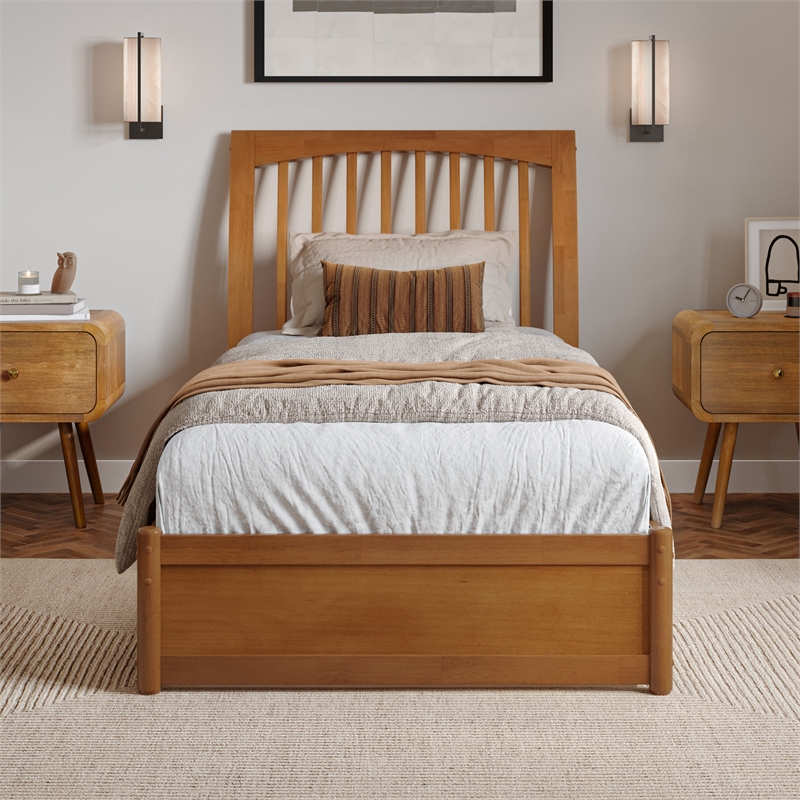 Roslyn Twin XL Platform Bed with Panel Footboard & TXL Trundle in Light Toffee