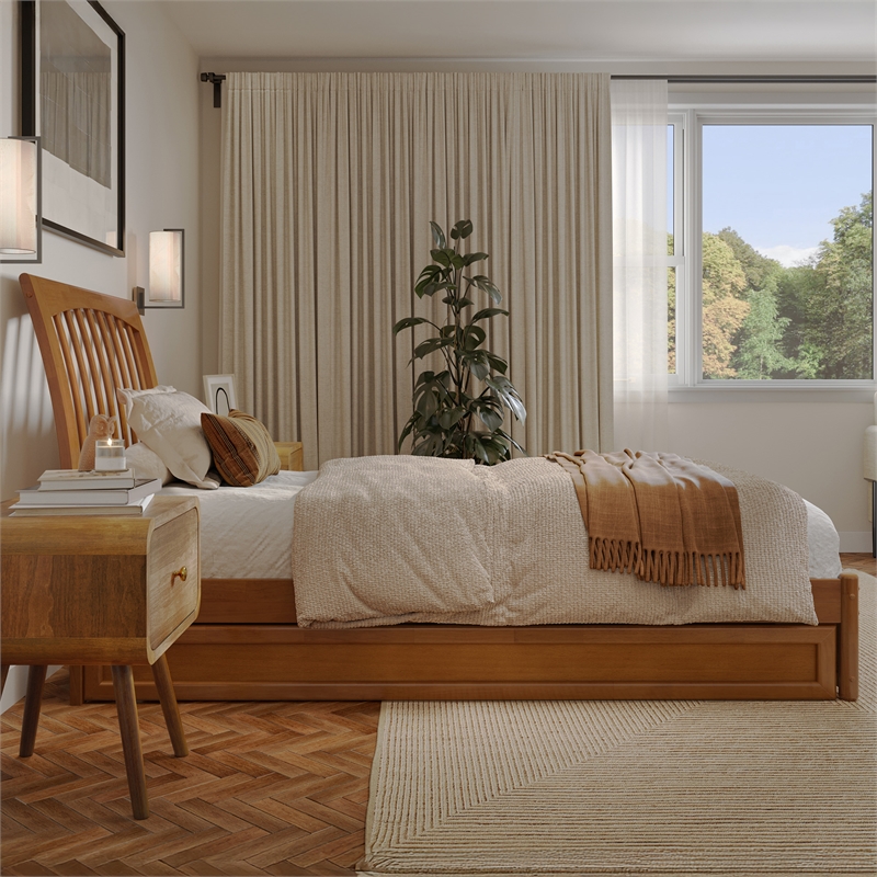 Roslyn Twin XL Platform Bed with Panel Footboard & TXL Trundle in Light Toffee