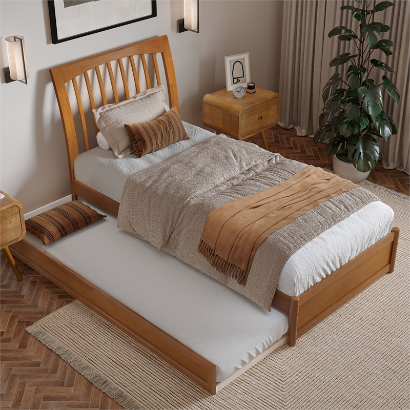Roslyn Twin XL Platform Bed with Panel Footboard & TXL Trundle in Light Toffee