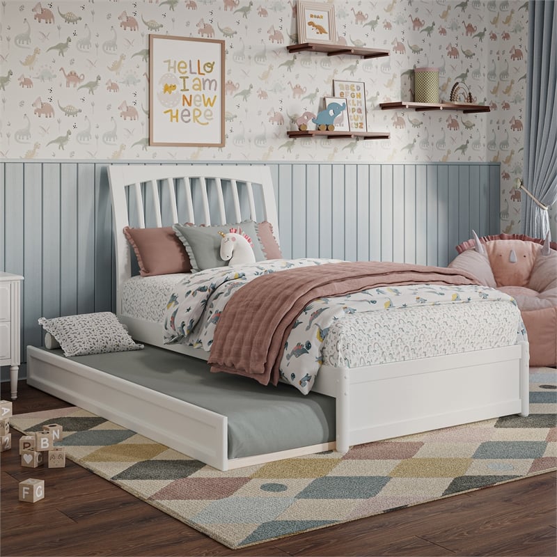 Roslyn Twin Wood Platform Bed with Panel Footboard and Twin Trundle in White