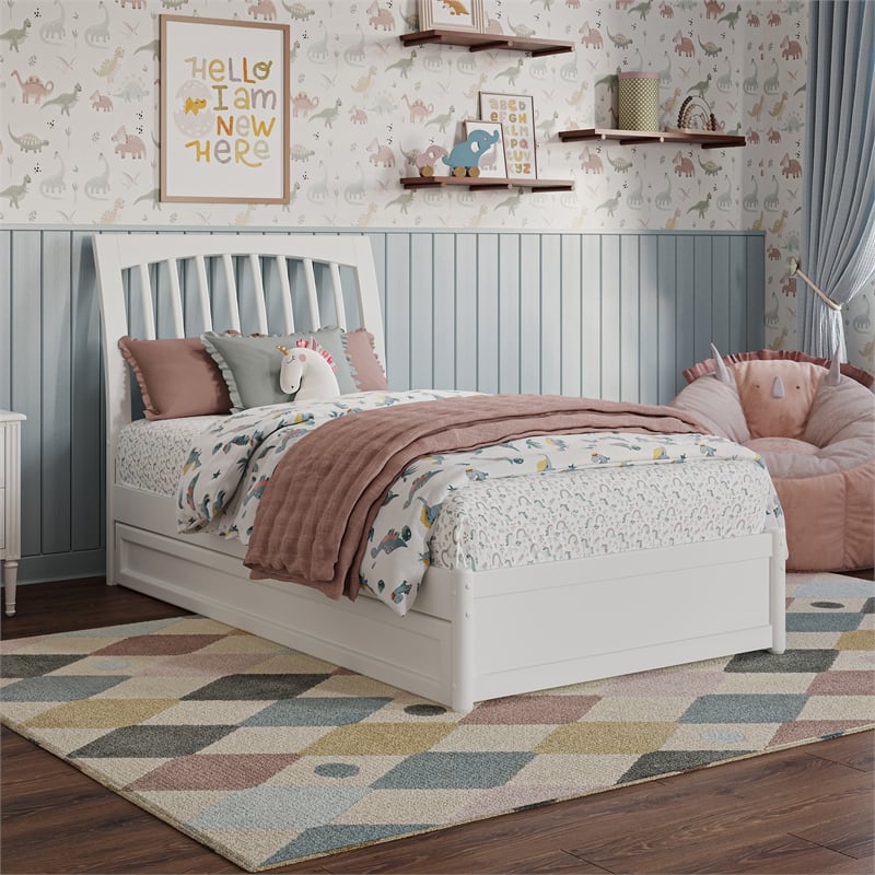 Roslyn Twin Wood Platform Bed with Panel Footboard and Twin Trundle in White