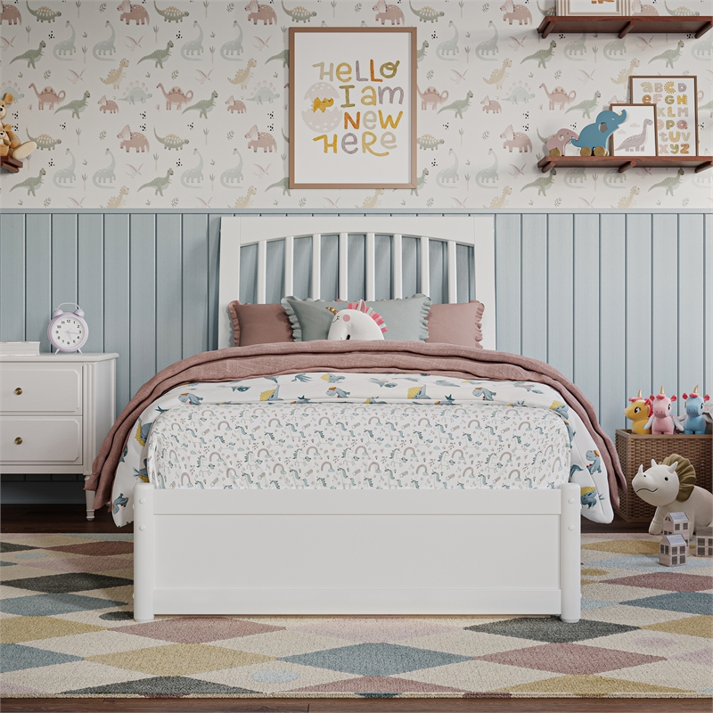 Roslyn Twin Wood Platform Bed with Panel Footboard and Twin Trundle in White