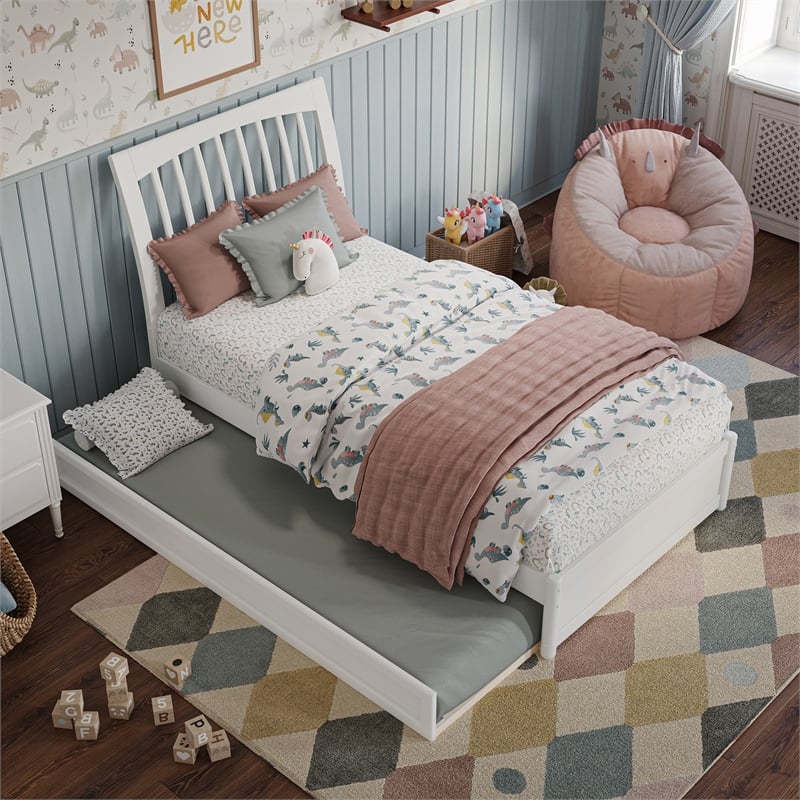 Roslyn Twin Wood Platform Bed with Panel Footboard and Twin Trundle in White