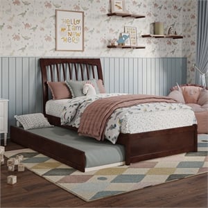 Roslyn Twin Wood Platform Bed with Panel Footboard and Twin Trundle in Walnut