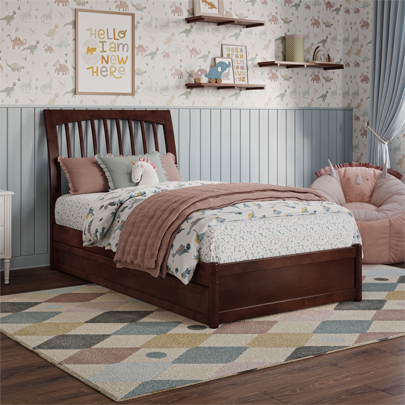 Roslyn Twin Wood Platform Bed with Panel Footboard and Twin Trundle in Walnut