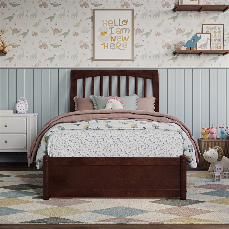 Roslyn Twin Wood Platform Bed with Panel Footboard and Twin Trundle in Walnut